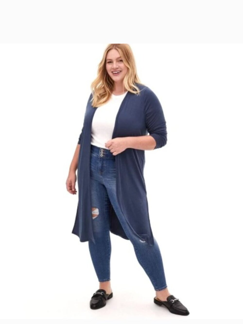 Torrid EUC size 3 Studio Duster Cardigan  Navy Blue Longline Open Front Knit str - Picture 3 of 7